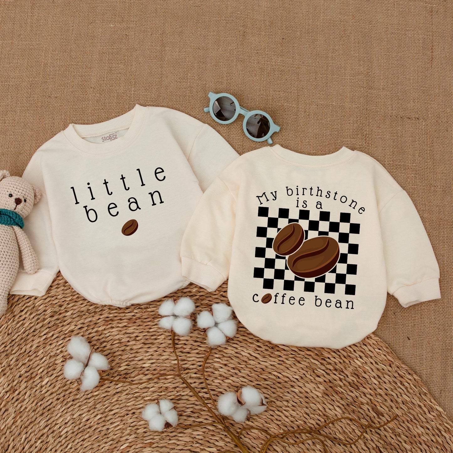 Little Bean Coffee Baby Bodysuit & My Birthstone Coffee Bean Romper Set Minimalist Newborn Unisex Baby Outfit with Checkered Print
