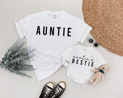 Personalized Auntie Bestie Matching Shirts for Baby Niece Nephew Modern Minimalist Black Text Design Soft Cotton Family Gift