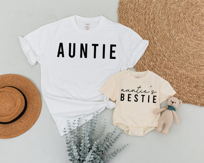 Personalized Auntie Bestie Matching Shirts for Baby Niece Nephew Modern Minimalist Black Text Design Soft Cotton Family Gift