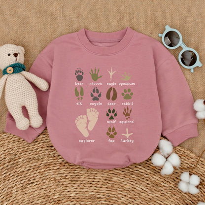 Whimsical Animal Track Prints Baby Romper Bodysuit Explorer Adventure Outfit Wild Paw Prints Natural Earth Tone Colors Educational Wildlife