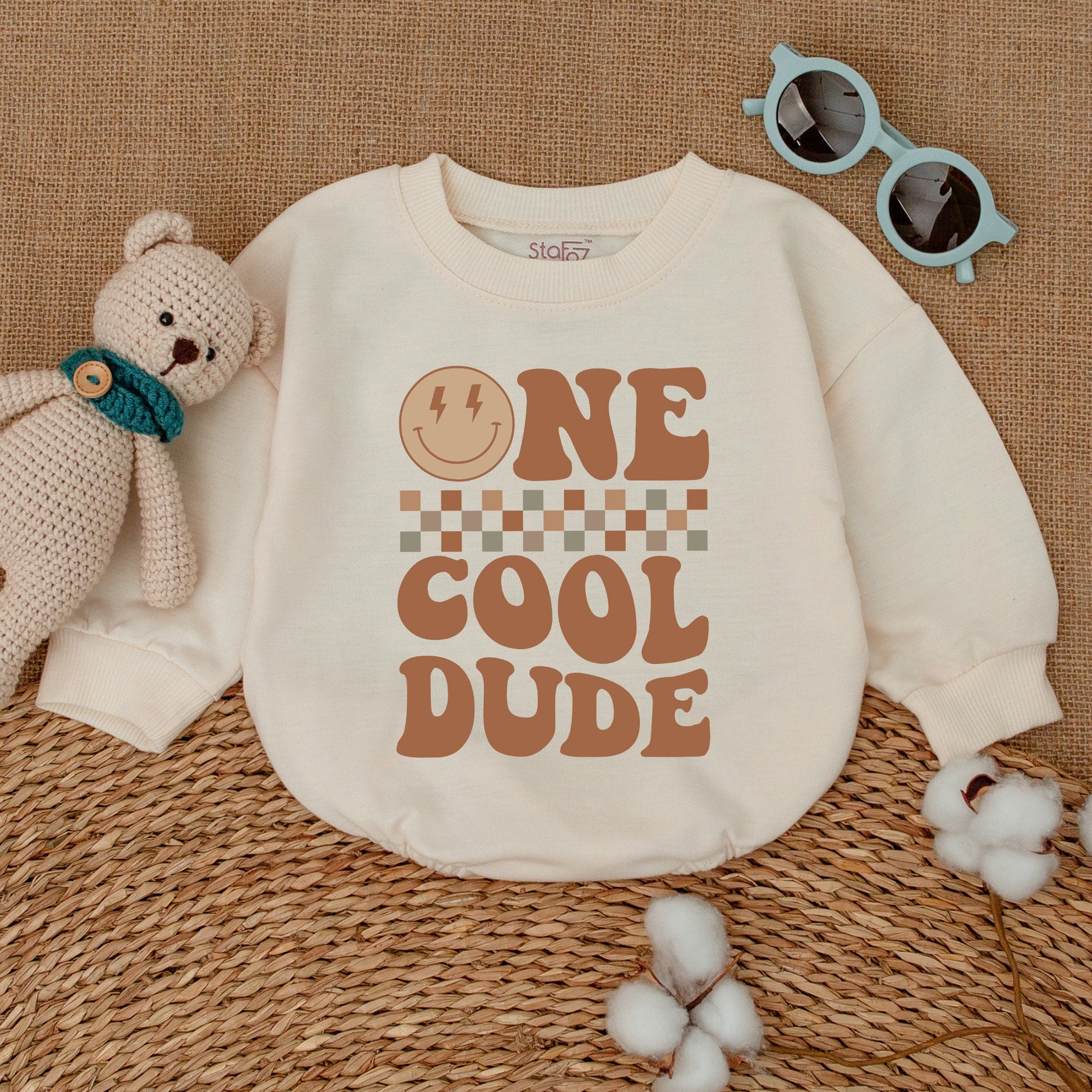 One Cool Dude Baby Romper Bodysuit First Birthday Outfit Smiley Face Design Checkerboard Pattern Soft Cotton Newborn Cake Smash Gift