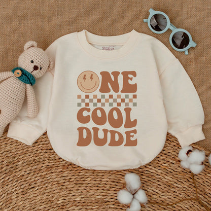 One Cool Dude Baby Romper Bodysuit First Birthday Outfit Smiley Face Design Checkerboard Pattern Soft Cotton Newborn Cake Smash Gift