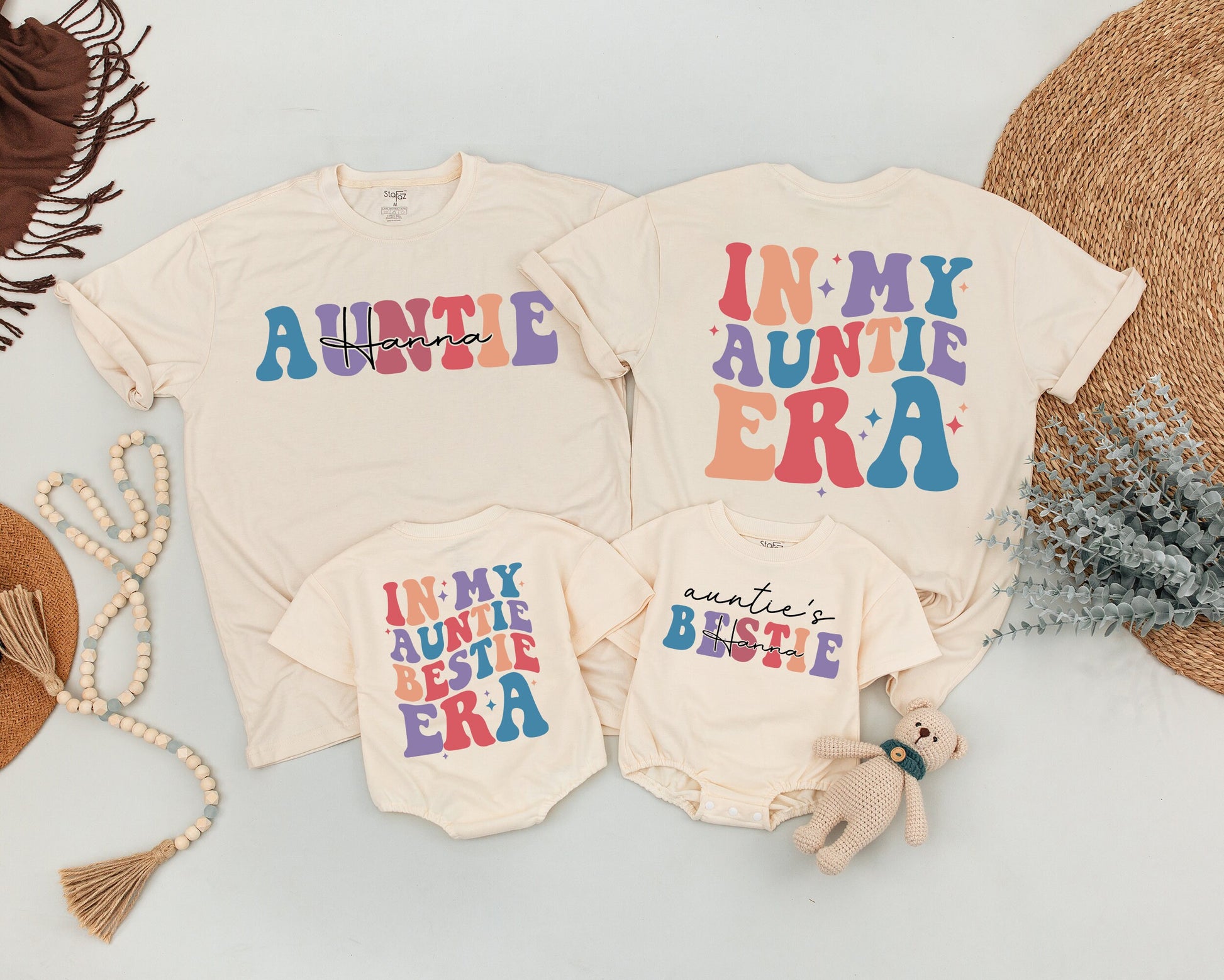 Personalized Retro Auntie & Me Shirts In My Era Auntie's Bestie Matching Outfit Aunt Niece Nephew Birthday Gift Baby Announcement Fun Colorful Custom Name 70s Inspired