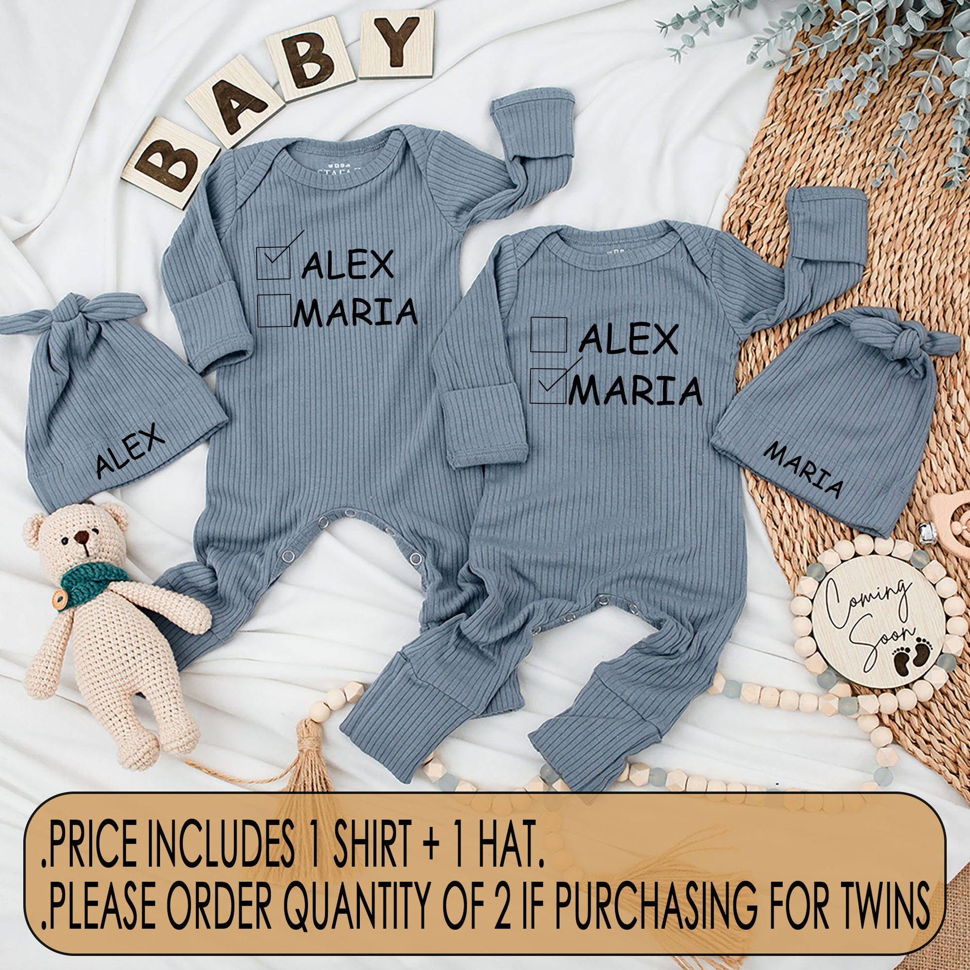 Baby Twin Outfits, Cute Alex Maria Checkbox Name Twin Baby Bodysuit and Hat Set, Newborn Twin Shower Gift 