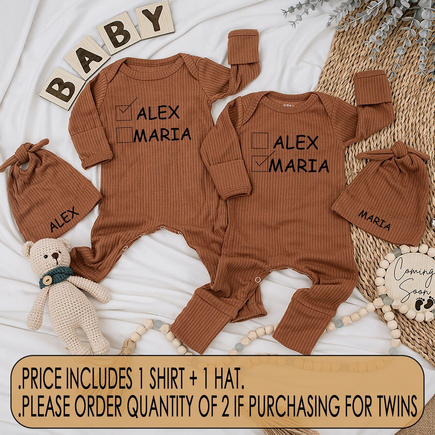 Baby Twin Outfits, Cute Alex Maria Checkbox Name Twin Baby Bodysuit and Hat Set, Newborn Twin Shower Gift 
