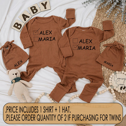 Baby Twin Outfits, Cute Alex Maria Checkbox Name Twin Baby Bodysuit and Hat Set, Newborn Twin Shower Gift 