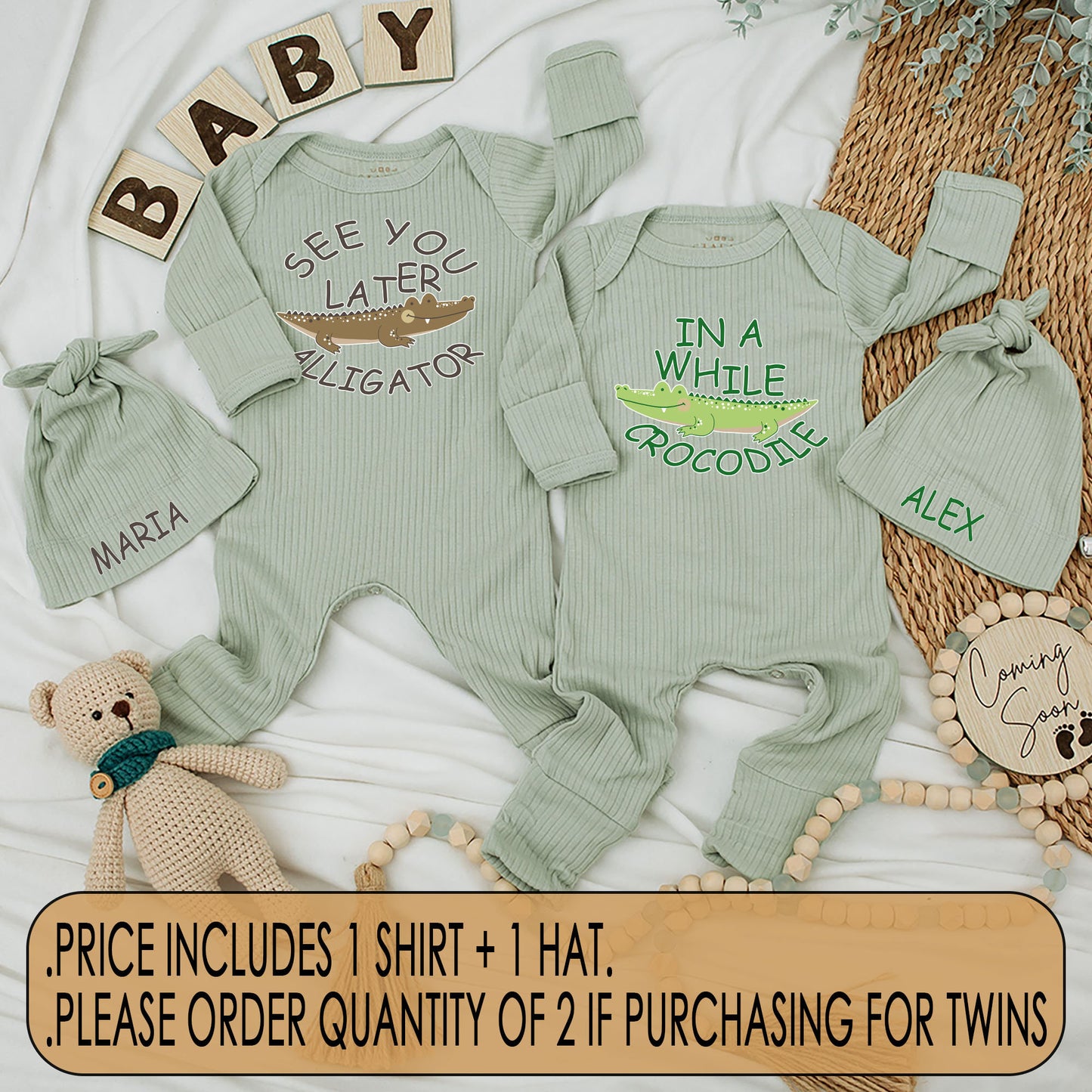 Cute Matching Twin Baby Bodysuit and Hat Set See You Later Alligator In A While Crocodile Newborn Soft Cotton Best Friends Gift