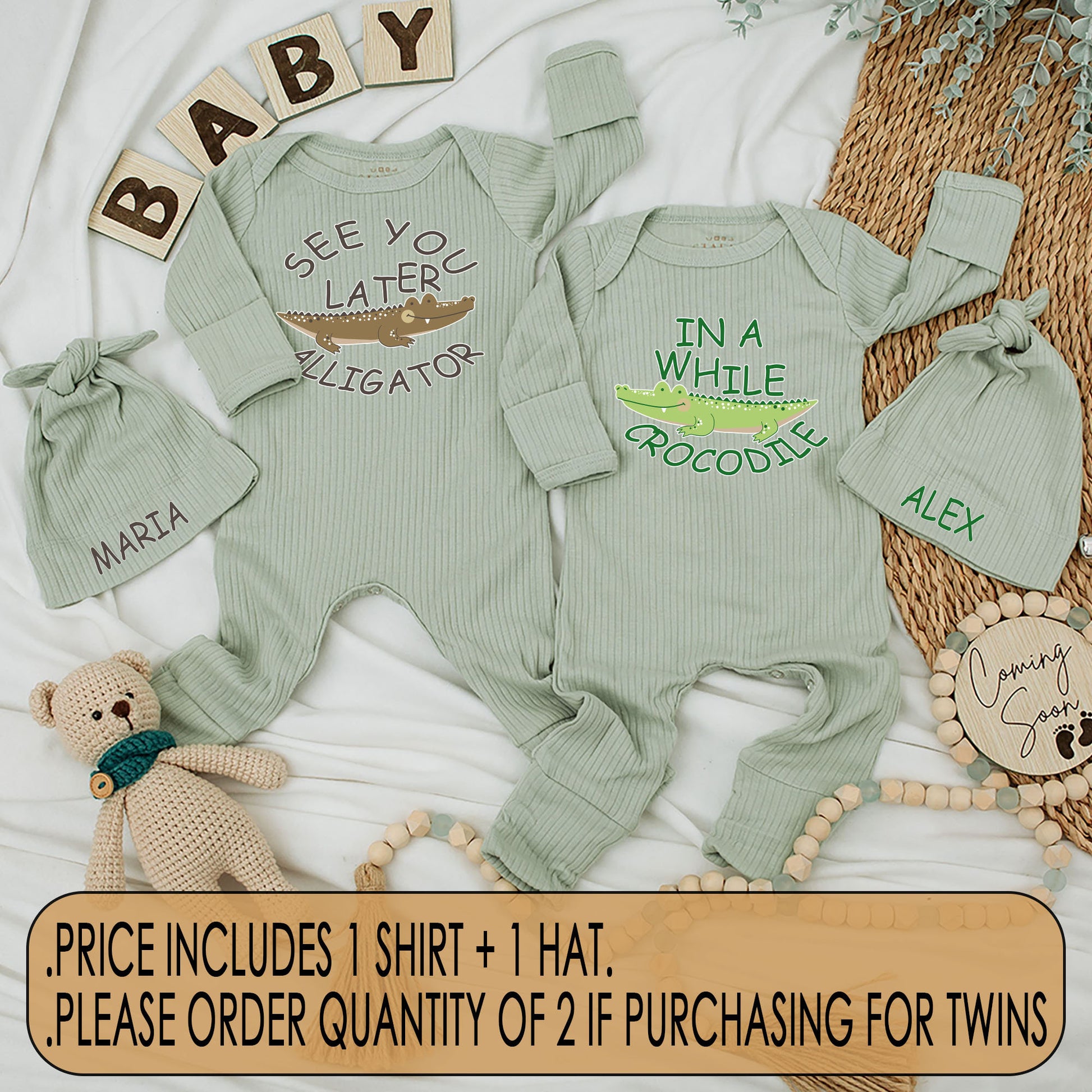 Cute Matching Twin Baby Bodysuit and Hat Set See You Later Alligator In A While Crocodile Newborn Soft Cotton Best Friends Gift