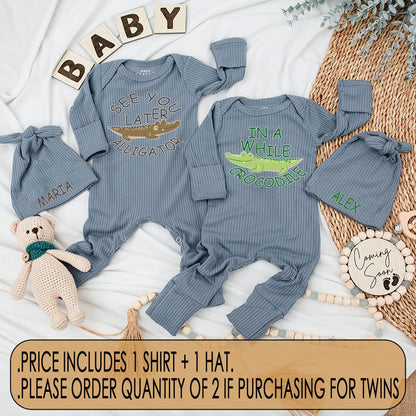 Cute Matching Twin Baby Bodysuit and Hat Set See You Later Alligator In A While Crocodile Newborn Soft Cotton Best Friends Gift