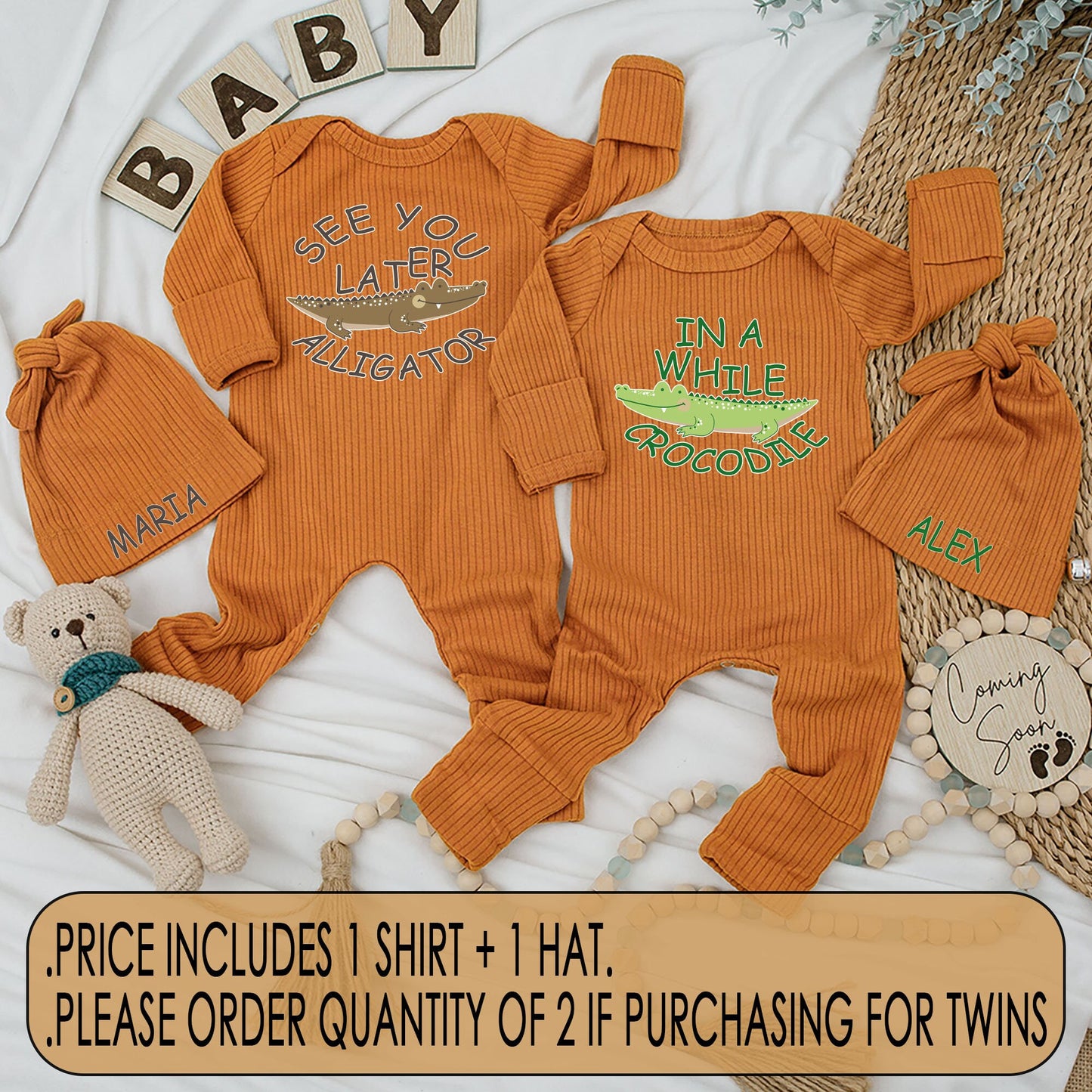 Cute Matching Twin Baby Bodysuit and Hat Set See You Later Alligator In A While Crocodile Newborn Soft Cotton Best Friends Gift