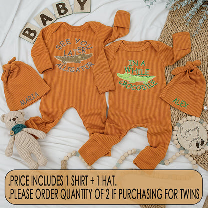 Cute Matching Twin Baby Bodysuit and Hat Set See You Later Alligator In A While Crocodile Newborn Soft Cotton Best Friends Gift