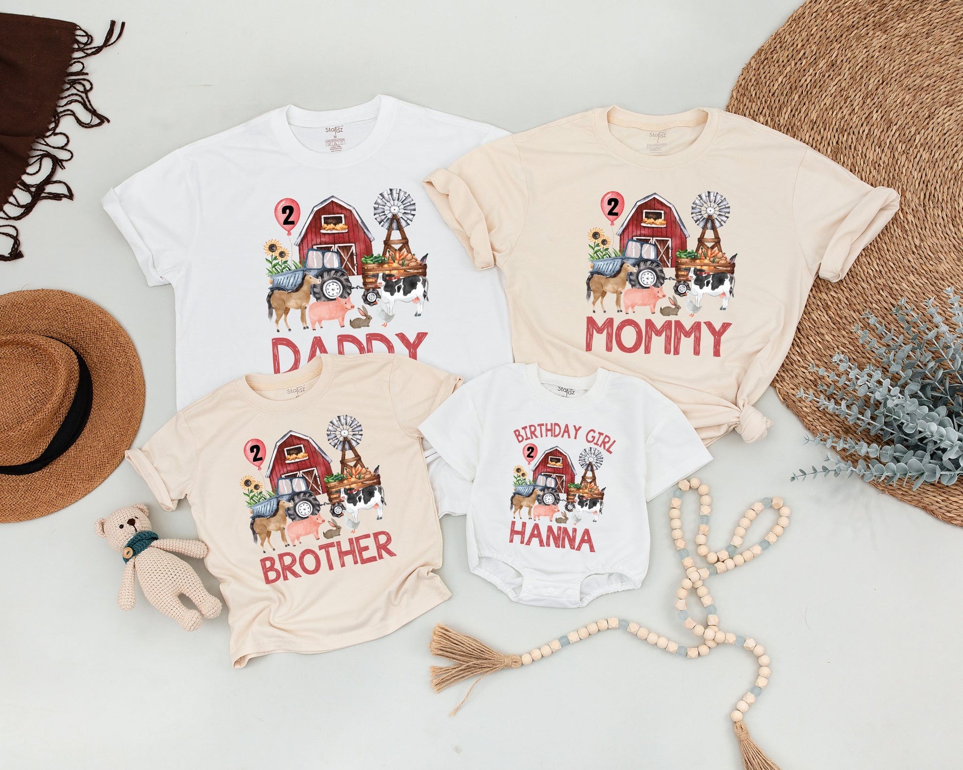 Personalized Farm Birthday Shirt, Rustic Barnyard Family Matching Outfit, Red Barn Tractor Animals Sunflowers, Toddler Boy Girl Party