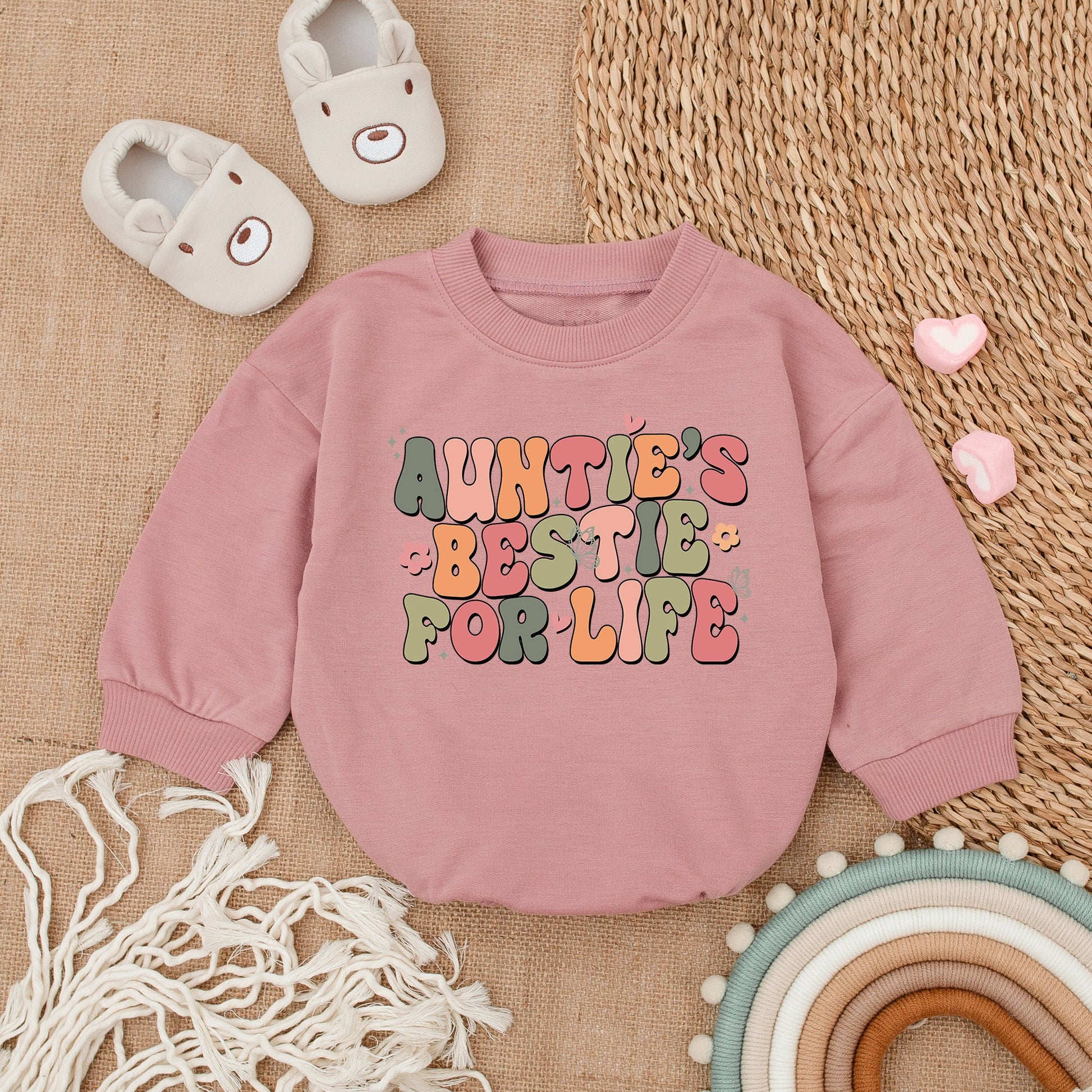 Whimsical Auntie's Bestie For Life Baby Romper Vintage Pastel Design featuring Flowers Butterflies Hearts and Stars Soft Cotton Newborn Gift from Aunt