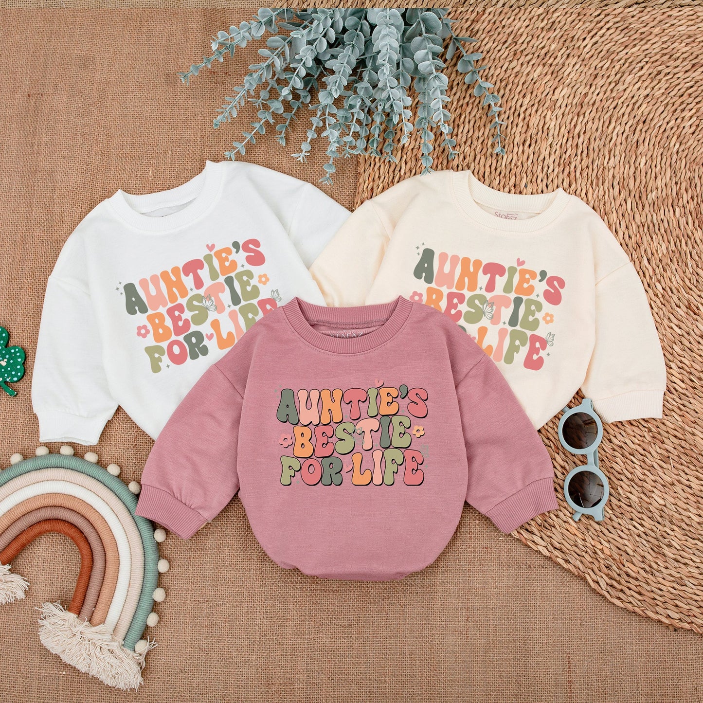 Whimsical Auntie's Bestie For Life Baby Romper Vintage Pastel Design featuring Flowers Butterflies Hearts and Stars Soft Cotton Newborn Gift from Aunt