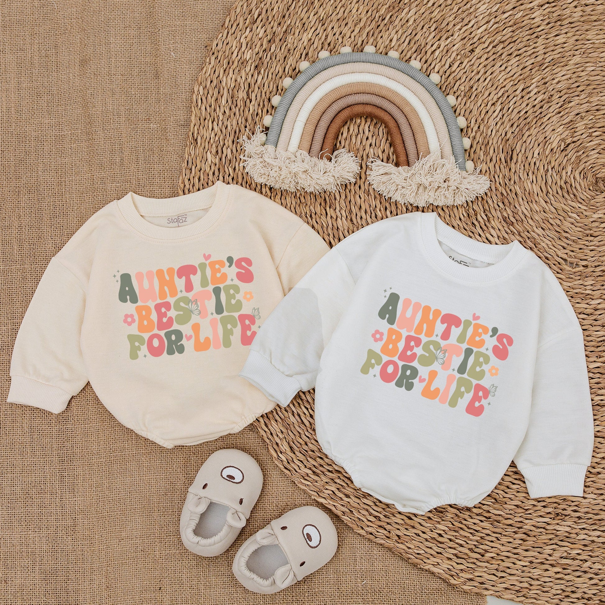 Whimsical Auntie's Bestie For Life Baby Romper Vintage Pastel Design featuring Flowers Butterflies Hearts and Stars Soft Cotton Newborn Gift from Aunt