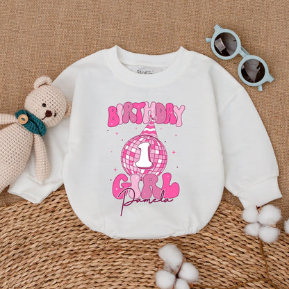 Personalized Pink Disco Ball Birthday Girl Romper with Name First Birthday Cowgirl Outfit Infant Bodysuit Baby Shower Gift