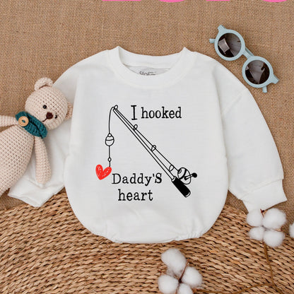 I Hooked Daddy's Heart Romper Baby Bodysuit Minimalist Fishing Rod Father's Day Gift Little Fishing Buddy Baby Shower
