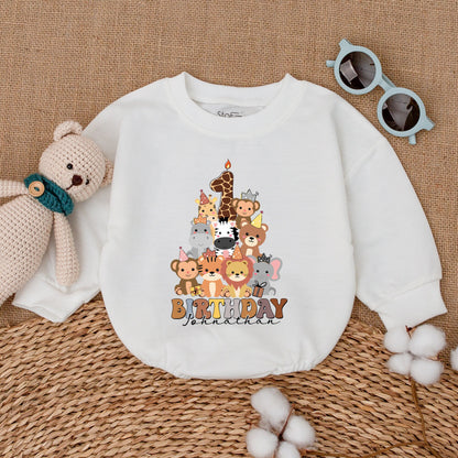 Personalized First Birthday Safari Animals Romper with Cute Zoo Stack Number One Giraffe Design Wild One Party Cake Smash Bubble Outfit in Brown Yellow Pink