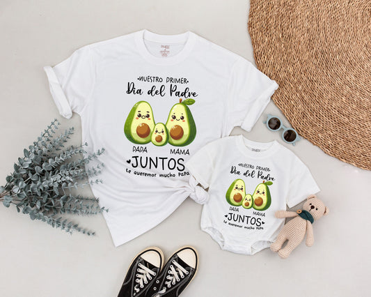 Personalized Our First Father's Day Matching Dad Mama Baby Avocado Shirt Nuestro Primer Dia del Padre New Dad Gift Playful Family Outfit