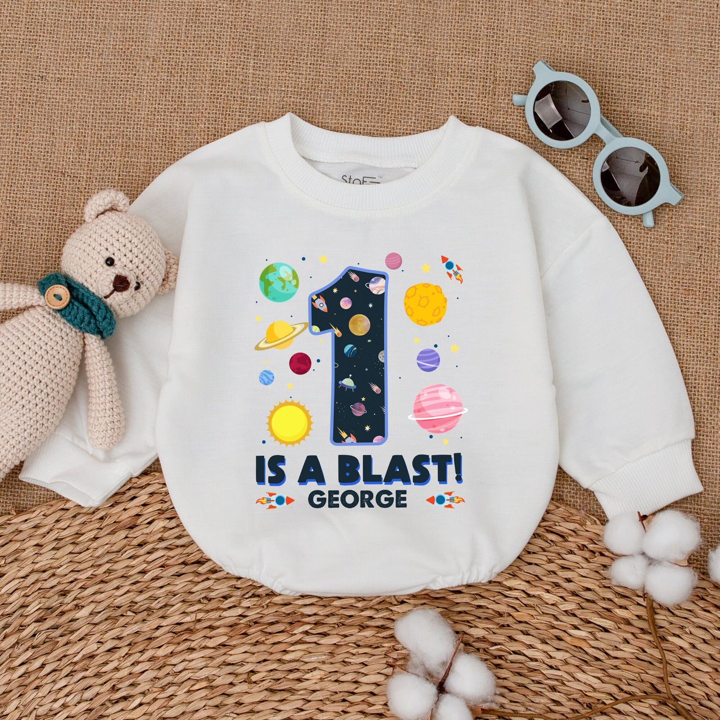 Personalized One is a Blast First Birthday Romper Outer Space Galaxy Baby Bodysuit Cake Smash Outfit Newborn Bubble Gift