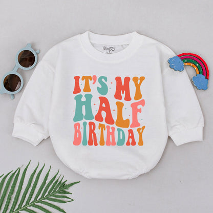 It's My Half Birthday Romper 6 Month Baby Girl Boy Outfit, Retro Vintage Bright Colorful Design with Starbursts Half Way to One Infant Celebration Gift