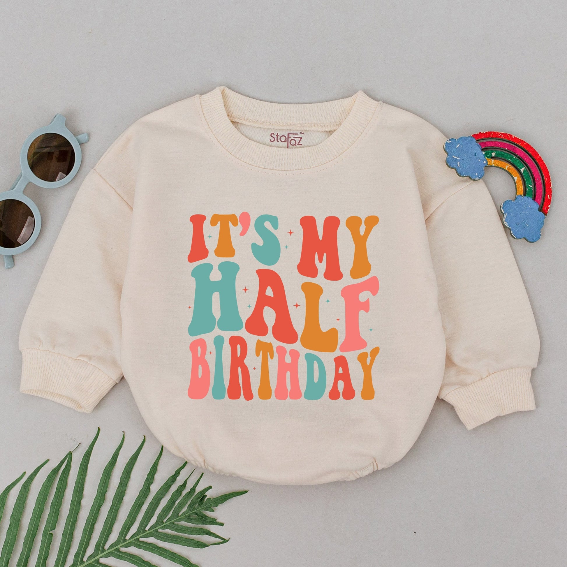 It's My Half Birthday Romper 6 Month Baby Girl Boy Outfit, Retro Vintage Bright Colorful Design with Starbursts Half Way to One Infant Celebration Gift