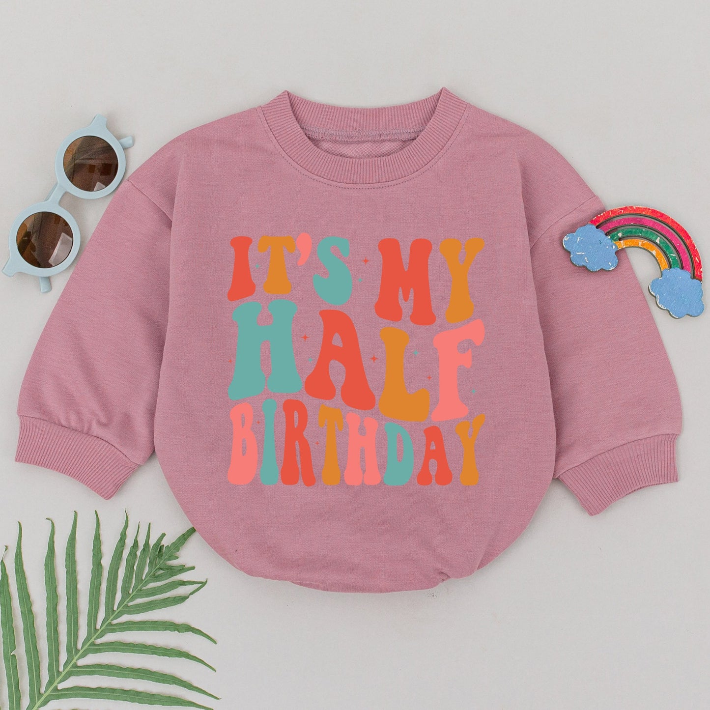 It's My Half Birthday Romper 6 Month Baby Girl Boy Outfit, Retro Vintage Bright Colorful Design with Starbursts Half Way to One Infant Celebration Gift