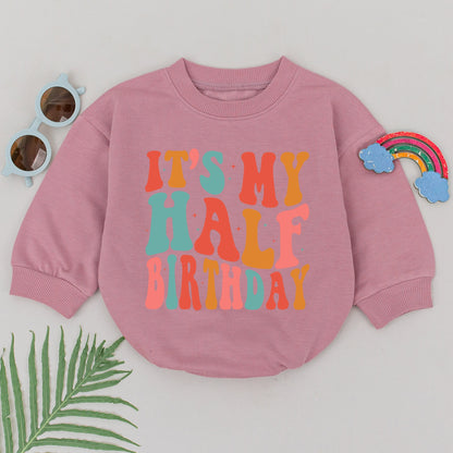 It's My Half Birthday Romper 6 Month Baby Girl Boy Outfit, Retro Vintage Bright Colorful Design with Starbursts Half Way to One Infant Celebration Gift
