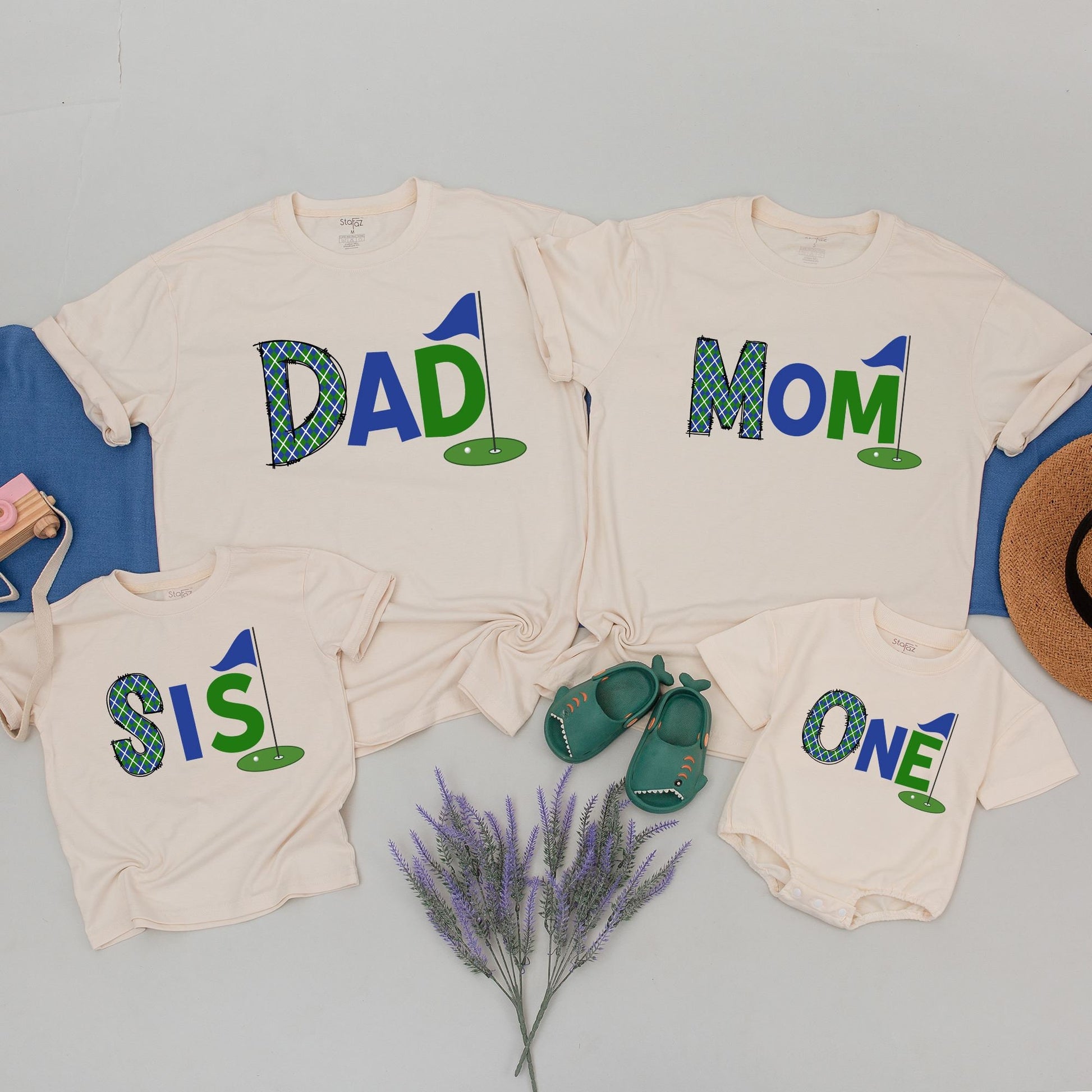 Hole in One Golf First Birthday Mommy and Me Family Shirts, Playful Plaid Green DAD MOM BRO ONE Design Tee for Boys 1st Celebration