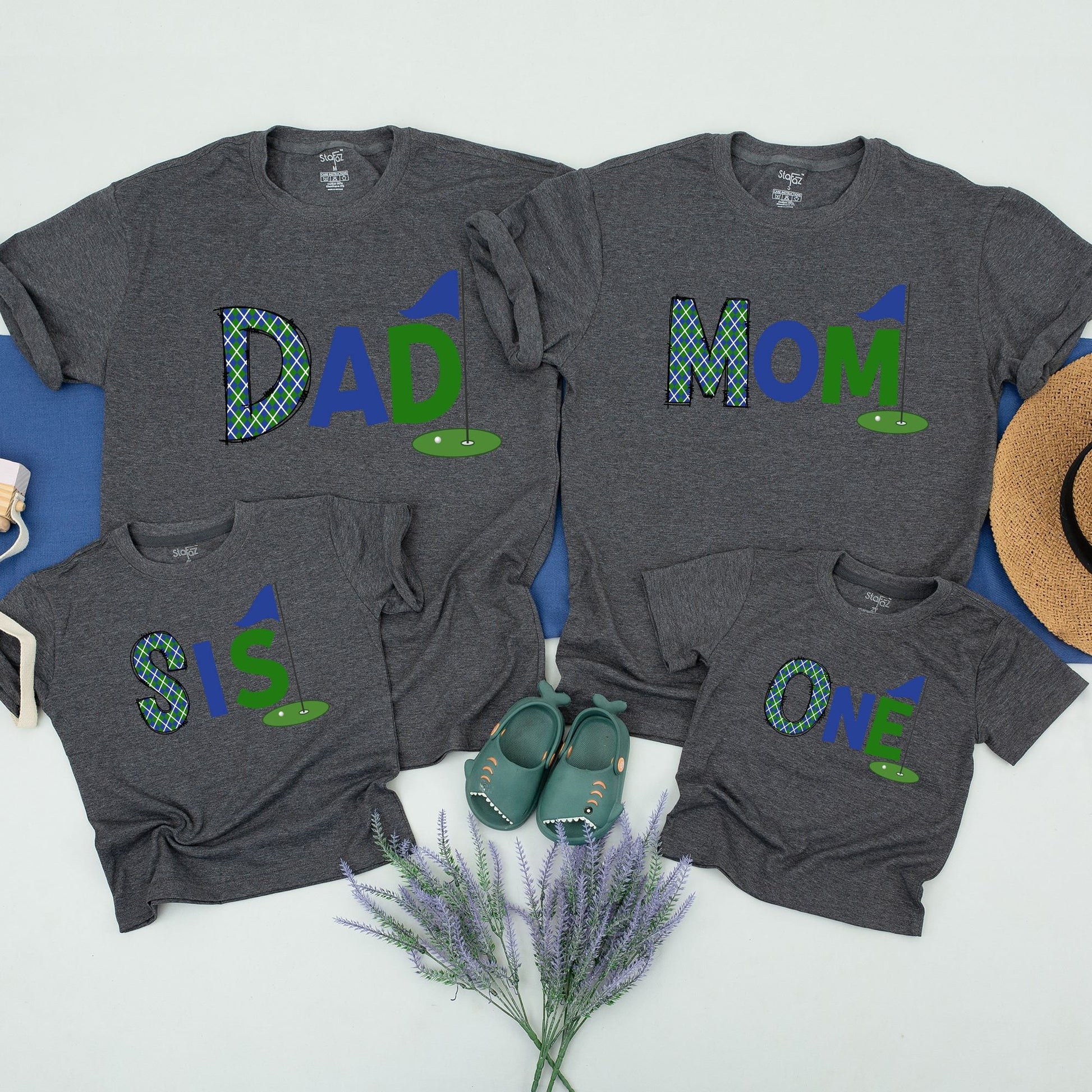 Hole in One Golf First Birthday Mommy and Me Family Shirts, Playful Plaid Green DAD MOM BRO ONE Design Tee for Boys 1st Celebration