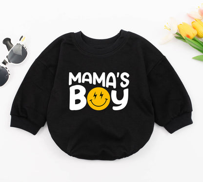 Mama's Boy Baby Romper featuring Retro Smiley Face Lightning Bolt Design, Cute Baby Boy Outfit for First Mother's Day Gift, Baby Shower, New Baby Sleepsuit