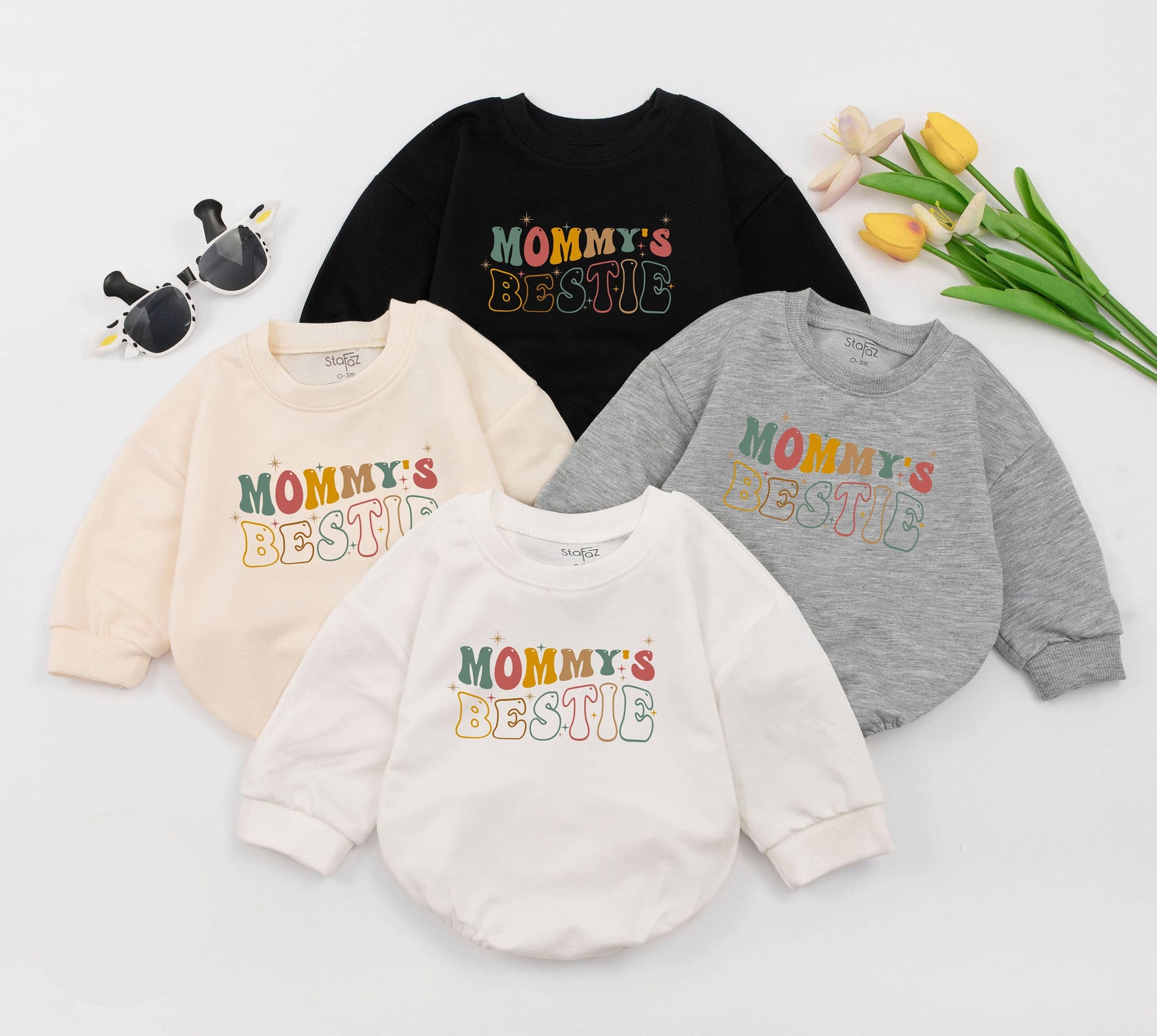 Mommy's Bestie Retro Baby Romper Mothers Day Gift with Earthy Colors and Playful Starbursts Cute Newborn Sleepsuit First Shower Outfit