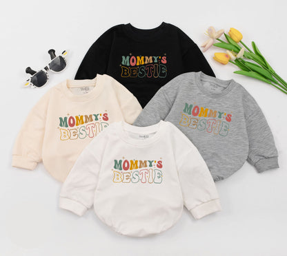 Mommy's Bestie Retro Baby Romper Mothers Day Gift with Earthy Colors and Playful Starbursts Cute Newborn Sleepsuit First Shower Outfit