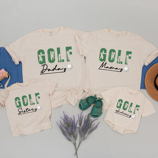 Family Matching Personalized Golf Birthday Shirts with Green GOLF Text Silhouettes for Boy's First Birthday Party Celebration Gift