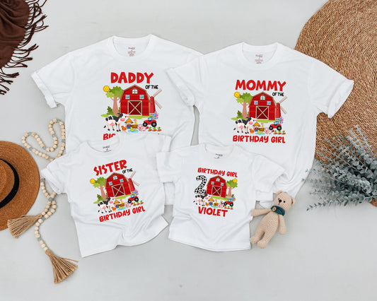 Personalized Barnyard Birthday Family Matching Shirts for Mom Dad Sister & Birthday Girl with Name Age Farm Animal Red Barn Tractor Design