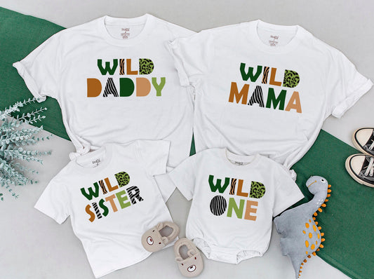 Wild One Matching Family Birthday Shirts for First Celebration Safari Jungle Animal Print Outfit Bold Earth Tones Green Caramel Leopard Pattern