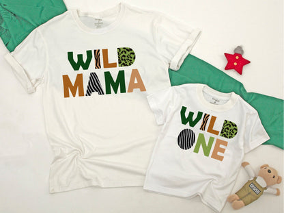 Wild One Matching Family Birthday Shirts for First Celebration Safari Jungle Animal Print Outfit Bold Earth Tones Green Caramel Leopard Pattern