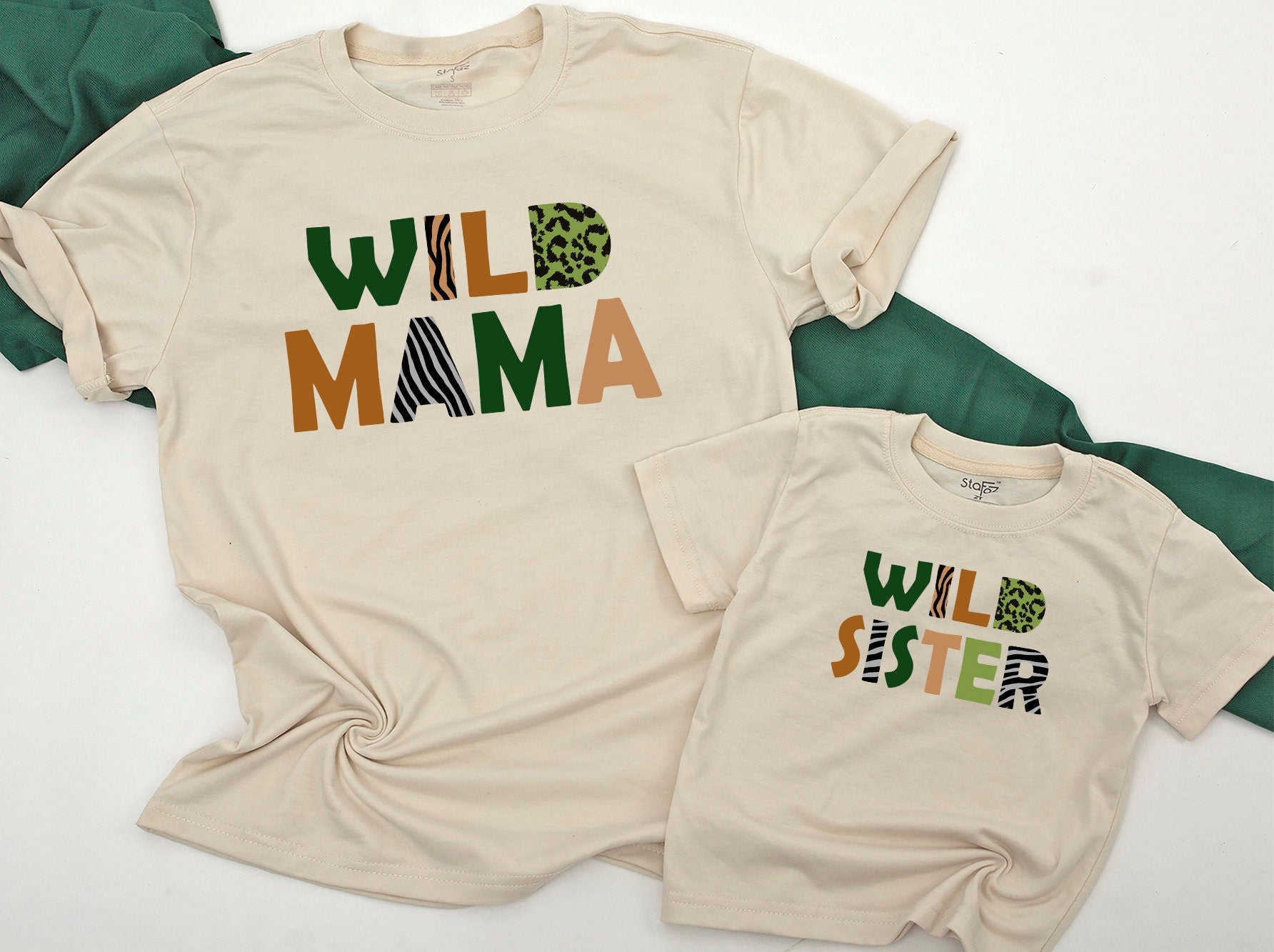 Wild One Matching Family Birthday Shirts for First Celebration Safari Jungle Animal Print Outfit Bold Earth Tones Green Caramel Leopard Pattern