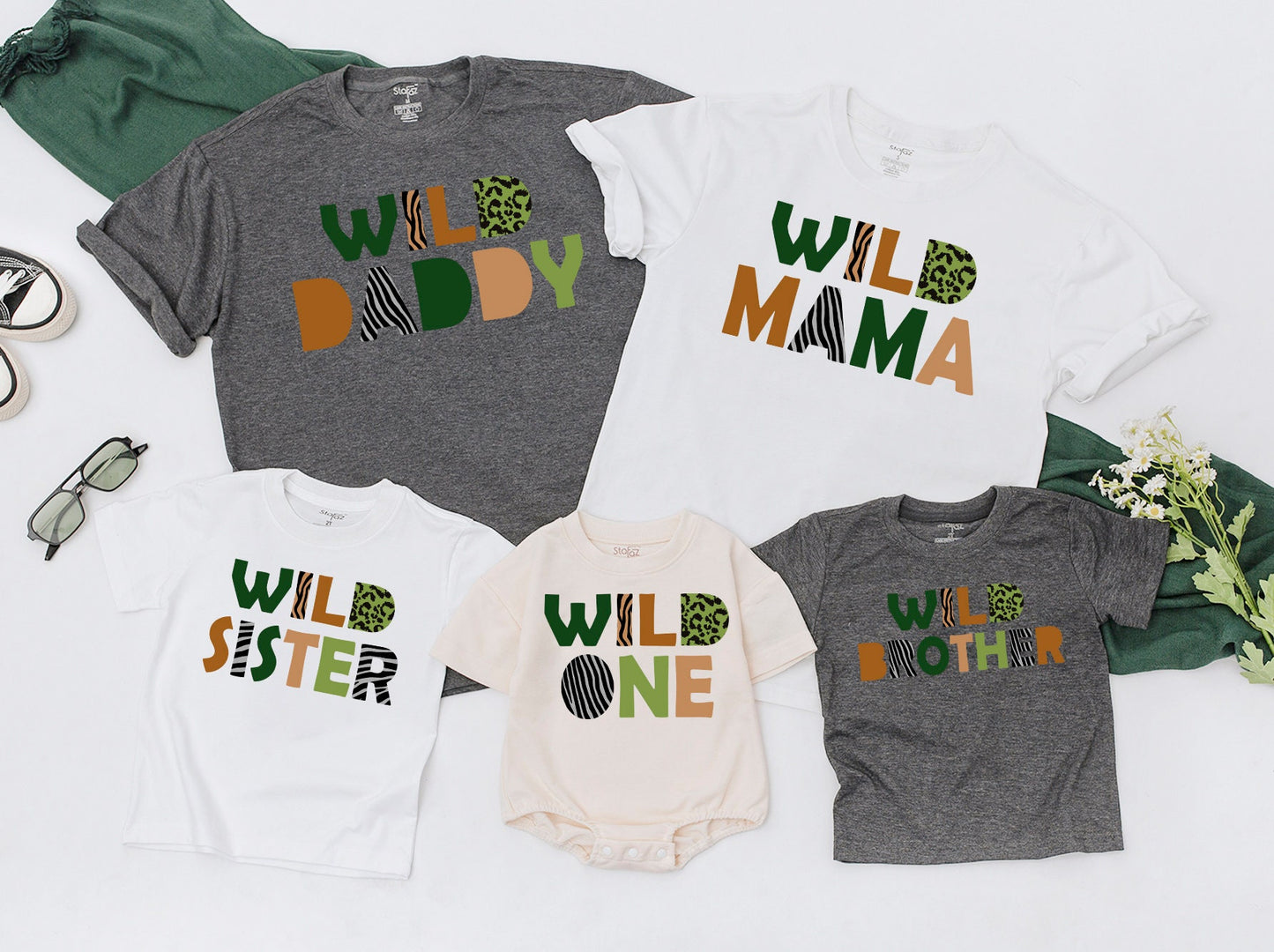Wild One Matching Family Birthday Shirts for First Celebration Safari Jungle Animal Print Outfit Bold Earth Tones Green Caramel Leopard Pattern