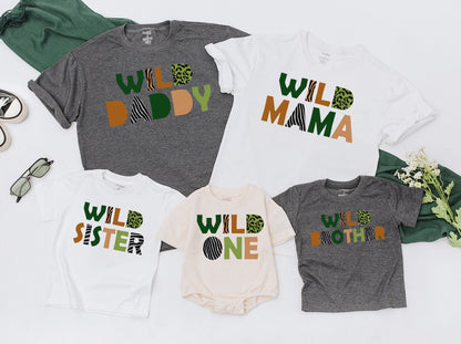 Wild One Matching Family Birthday Shirts for First Celebration Safari Jungle Animal Print Outfit Bold Earth Tones Green Caramel Leopard Pattern