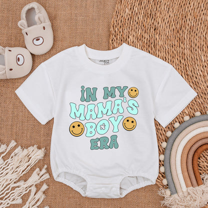 Mama's Boy Era Baby Romper with Blue Teal Smiley Face Design Cheerful Vintage Infant Bodysuit Soft Cotton Baby Shower Gift Coming Home Outfit