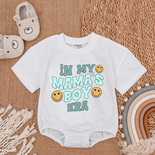 Mama's Boy Era Baby Romper with Blue Teal Smiley Face Design Cheerful Vintage Infant Bodysuit Soft Cotton Baby Shower Gift Coming Home Outfit