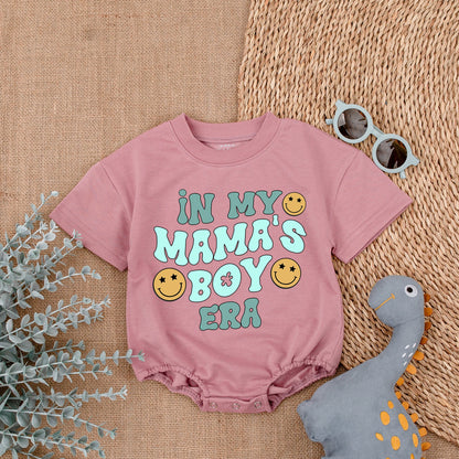 Mama's Boy Era Baby Romper with Blue Teal Smiley Face Design Cheerful Vintage Infant Bodysuit Soft Cotton Baby Shower Gift Coming Home Outfit