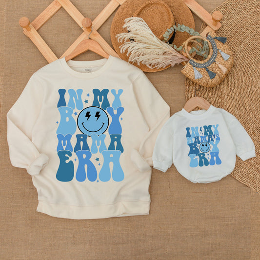 Mama and Me In My Mama's Boy Era Outfit Retro Blue Smiley Face Stars Toddler Baby Boy Matching Sweatshirt Romper Comfortable Family