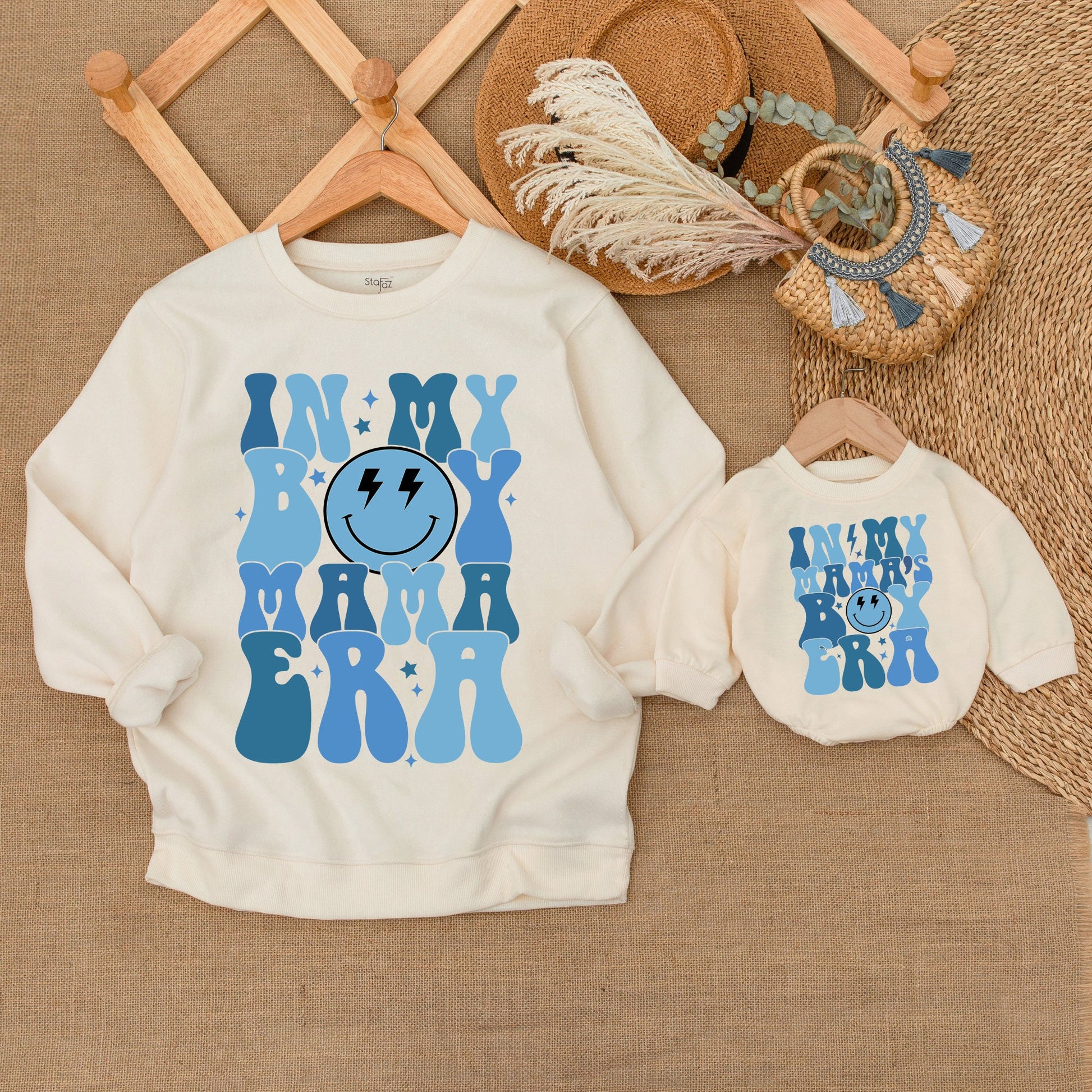 Mama and Me In My Mama's Boy Era Outfit Retro Blue Smiley Face Stars Toddler Baby Boy Matching Sweatshirt Romper Comfortable Family