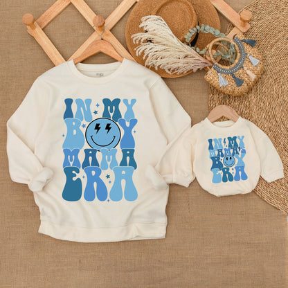 Mama and Me In My Mama's Boy Era Outfit Retro Blue Smiley Face Stars Toddler Baby Boy Matching Sweatshirt Romper Comfortable Family