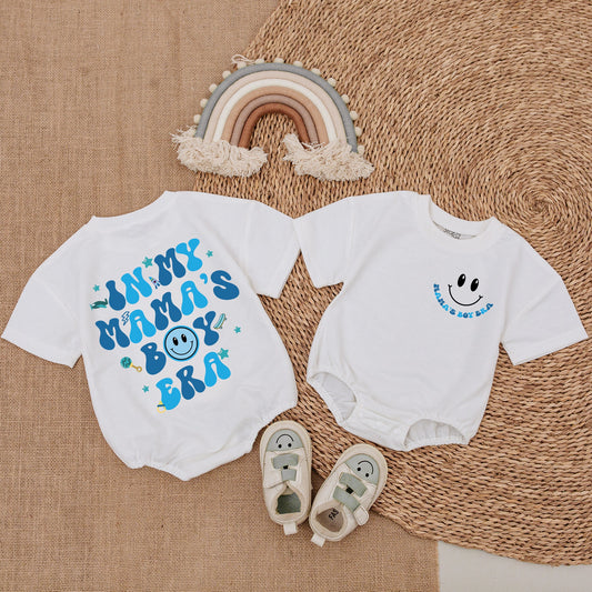 Vintage Blue Mama's Boy Era Romper Bodysuit Shirt Outfit for Baby Boy with Playful Stars Rocket Skateboard Smiley Face Graphics Fun Gift