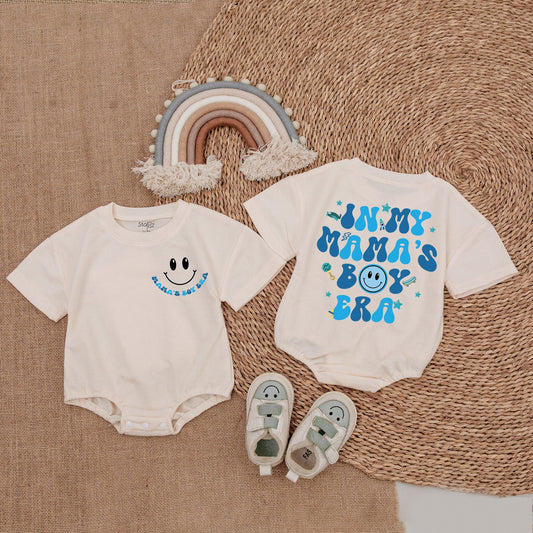 Vintage Blue Mama's Boy Era Romper Bodysuit Shirt Outfit for Baby Boy with Playful Stars Rocket Skateboard Smiley Face Graphics Fun Gift