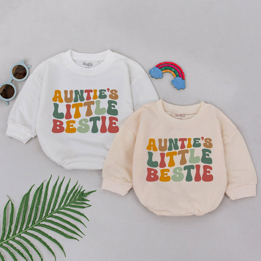 Retro Auntie's Little Bestie Romper Playful Baby Outfit Newborn Gift for New Auntie Mother's Day Shower Girls Boys Green Orange Brown Red