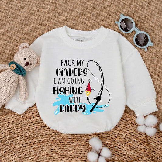 Pack My Diapers I Am Going Fishing With Daddy Romper adorable baby boy bodysuit with cute fishing pole graphic and playful blue water splash new baby shower gift